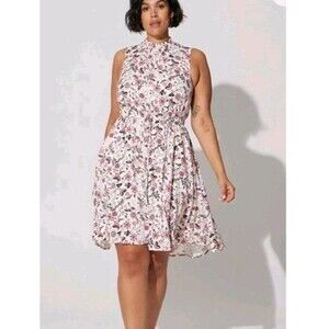 Torrid  Midi Dress 3 3X Sleeveless Waist Tie Elastic Neck Pink White Floral